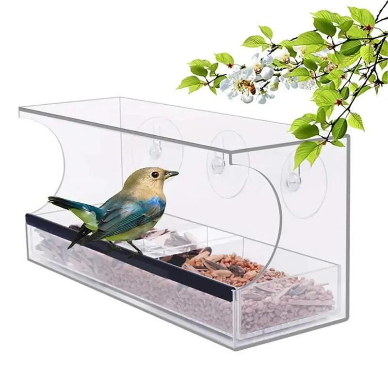 Window Hanging Bird Feeder Extended Roof Sliding Feeding Tray Drainage Device