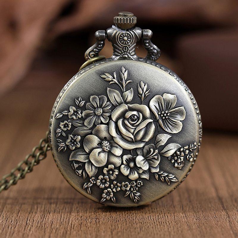 Luxury Gold Flower Quartz Pocket Watch Double-sided Printing Fashion Design Pendant Fob Watch Chain Gifts for Men