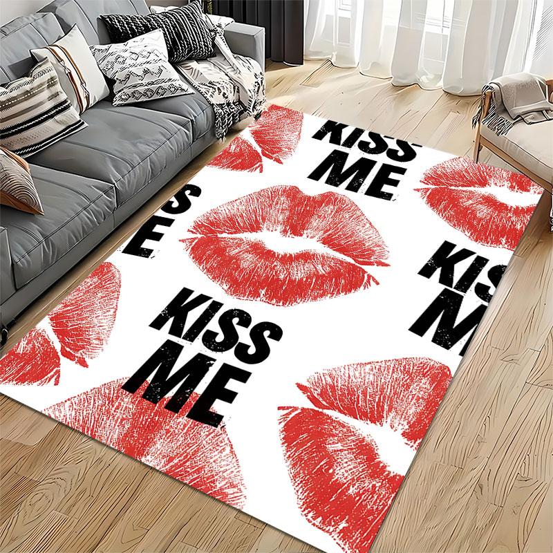 Red Lips Kiss Me Text Design suitable as a non-slip mat for the living room or bedroom sofa