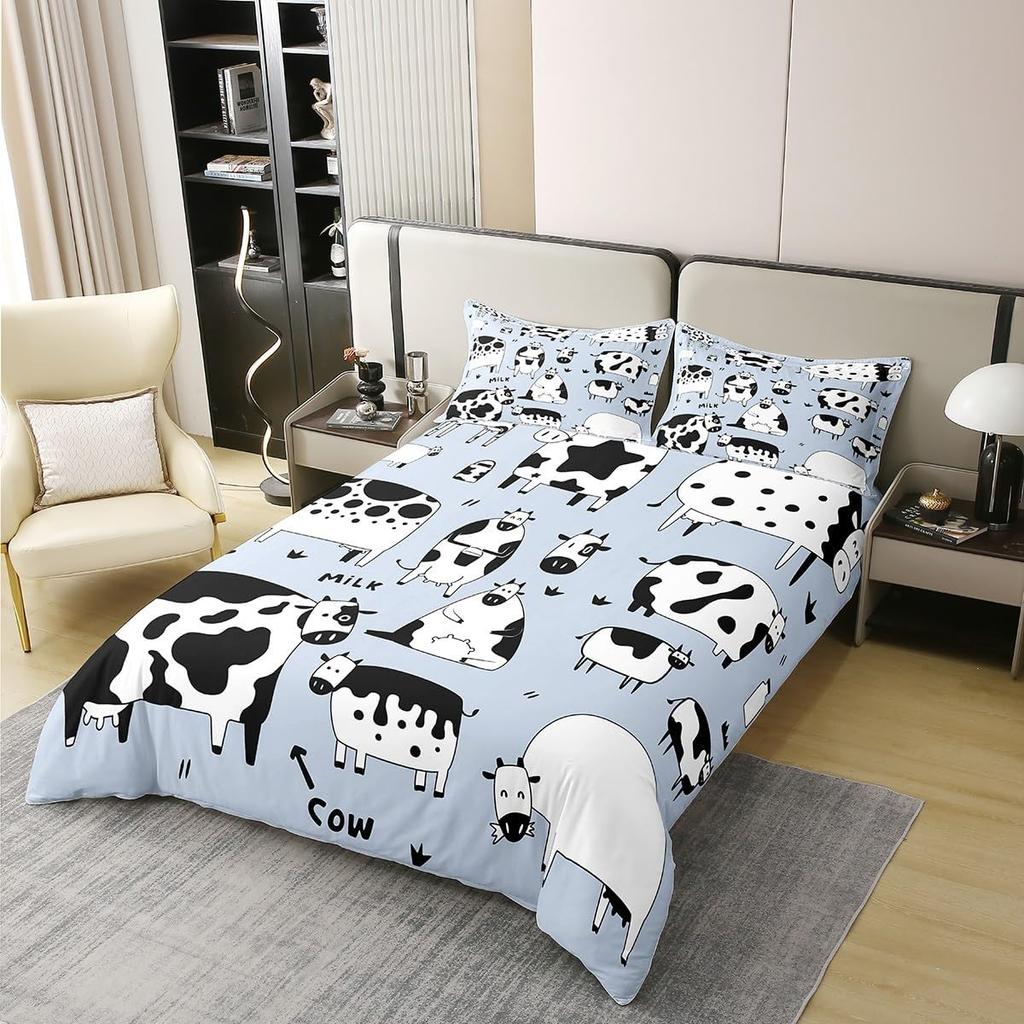 Cartoon Farmhouse Duvet  Cover Set Queen King Size Cute Cow Farm Animal Bedding Set 3 Piece Set with 2 Pillowcases No Quilt