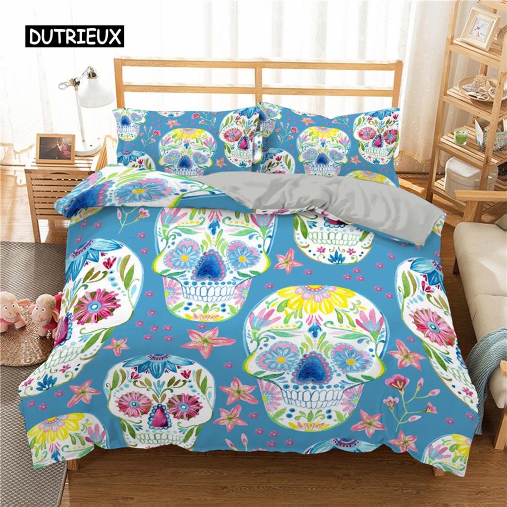 Sugar Skull King Queen Duvet Cover Cartoon Skeleton Blue Car Bedding Set for Teens Adults Halloween Day of The Dead Quilt Cover