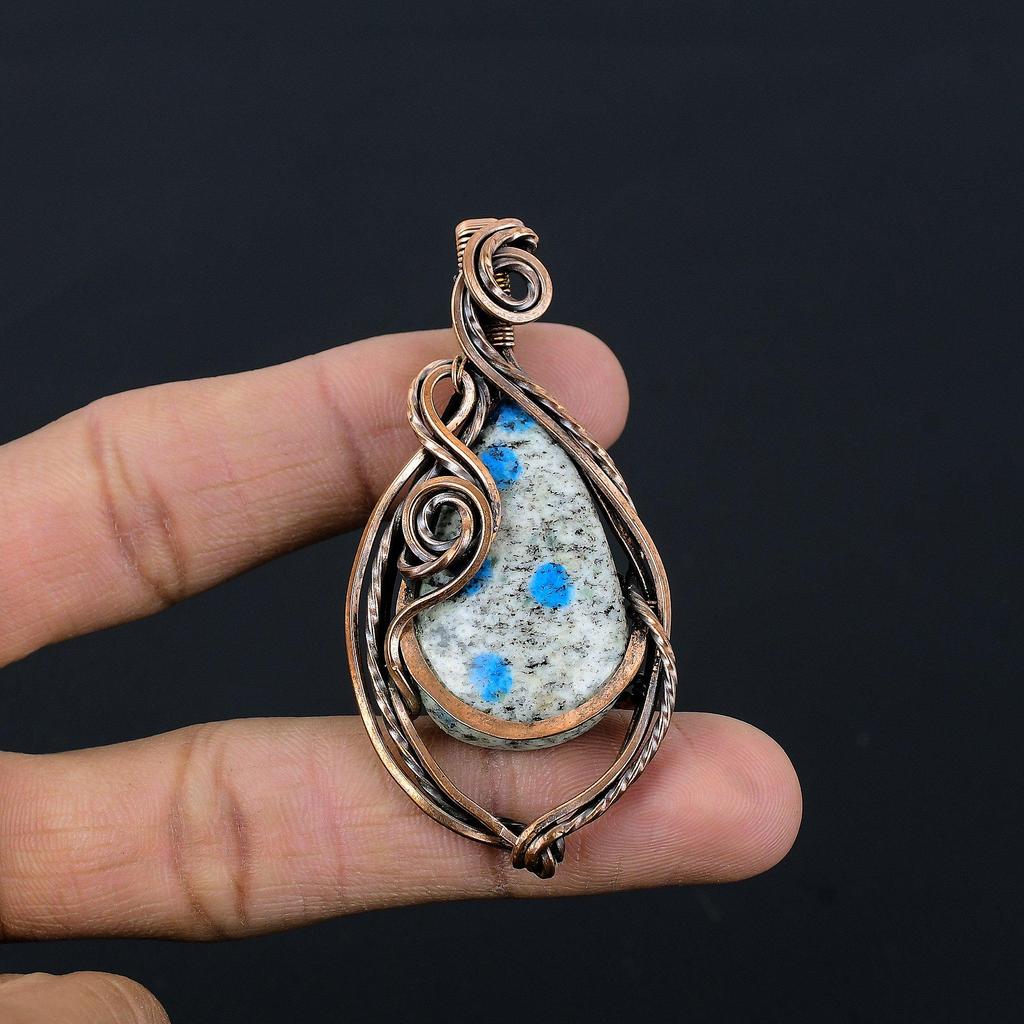 K2 Azurite Pendant Gemstone Jewelry, 999 Copper Wire Wrapped Pendant, Handmade Jewelry Birthstone Pendant, Gift For Him