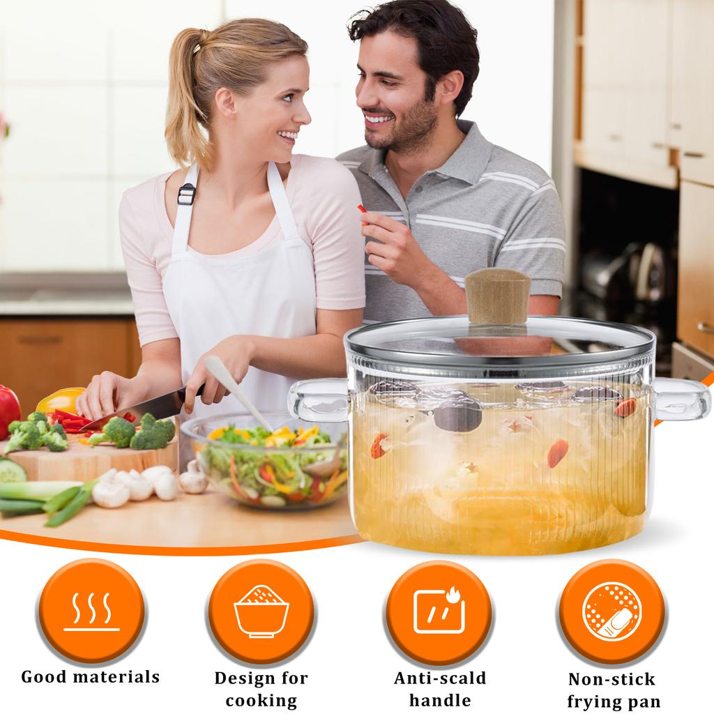 Glass Saucepan Clear Cooking Pot Heat Resistant 1.6L Glass Soup Pot Multi-Purpose Kitchen Cooking Tools