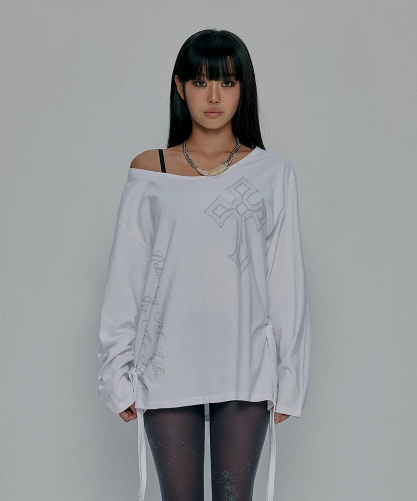 Gillaakaibeu One Shoulder Graphic Long Sleeve_White