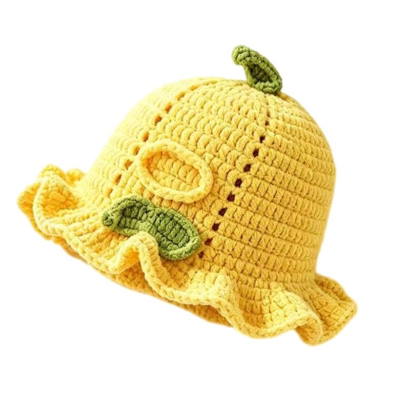 Crochet Bucket Hat with Lemon Design, Soft Brims Cotton Ruffle Fisherman Cap for Winter Outings Travel, Adult Photography Props