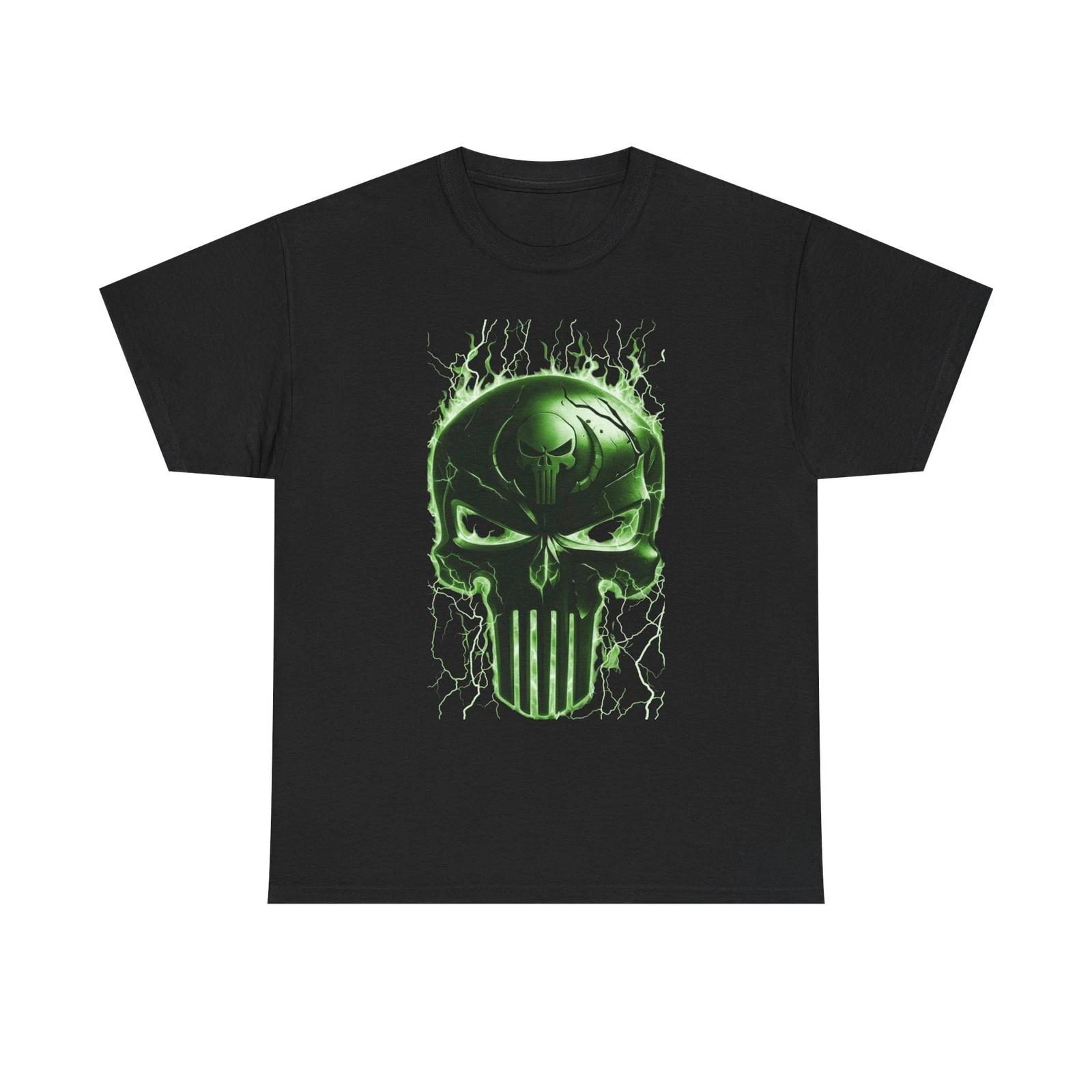 Green Flame/Lightning Punisher Style Skull Unisex Heavy Cotton Tee 3XL