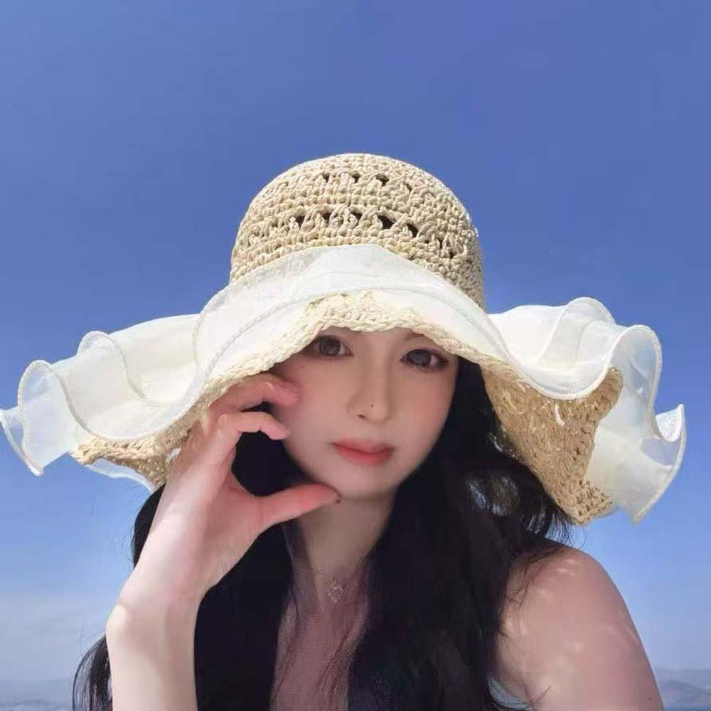 Hollow Out Lace Pearls Sun Cap Breathable Big Brimmed Woven Cap Straw Weaving Beach Hat  Travel