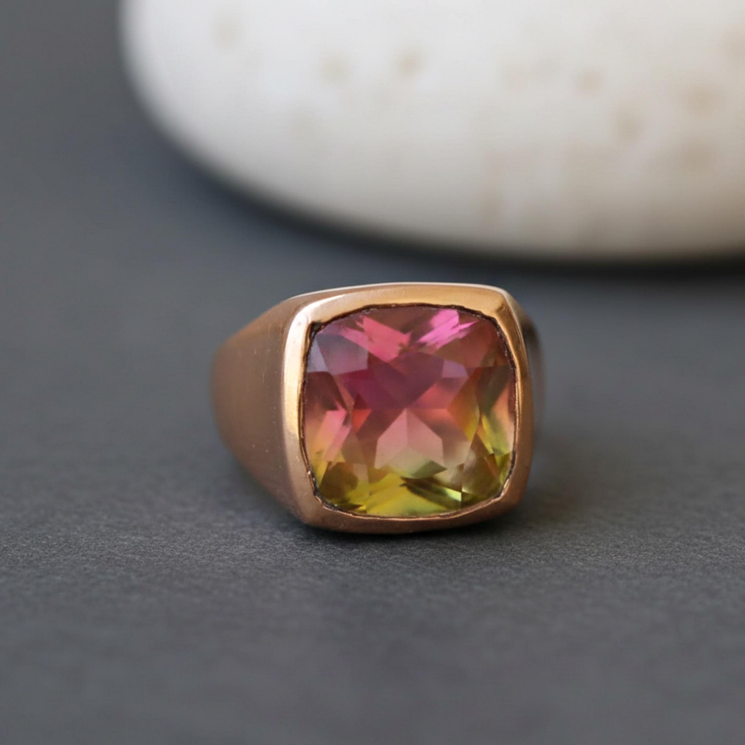 Watermelon Tourmaline Signet Ring - 925 Solid Sterling Silver, Pure Copper Multicolor Gemstone Ring, Handmade Jewelry 4