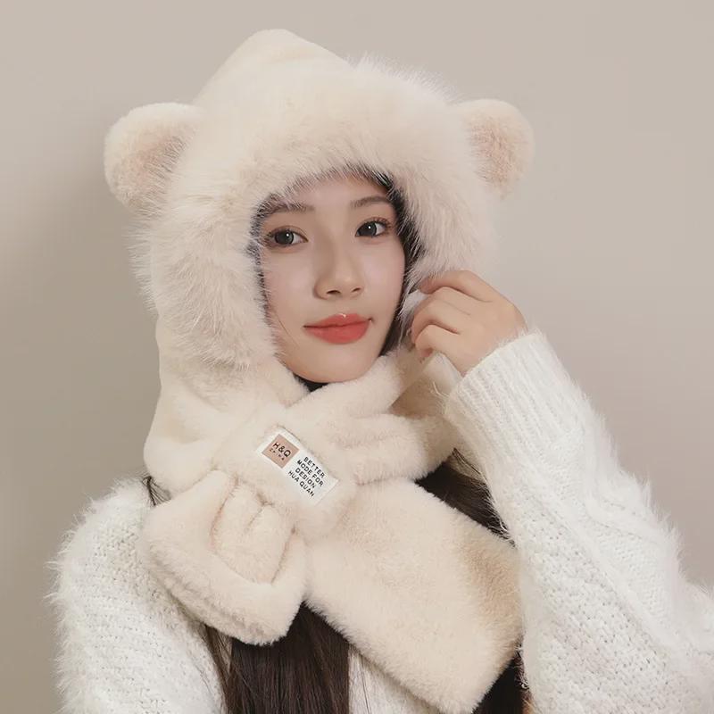 Damen Plüschbär-Mütze & Schal-Set für Herbst/Winter – warmer Ohrenschutz & Halstuch