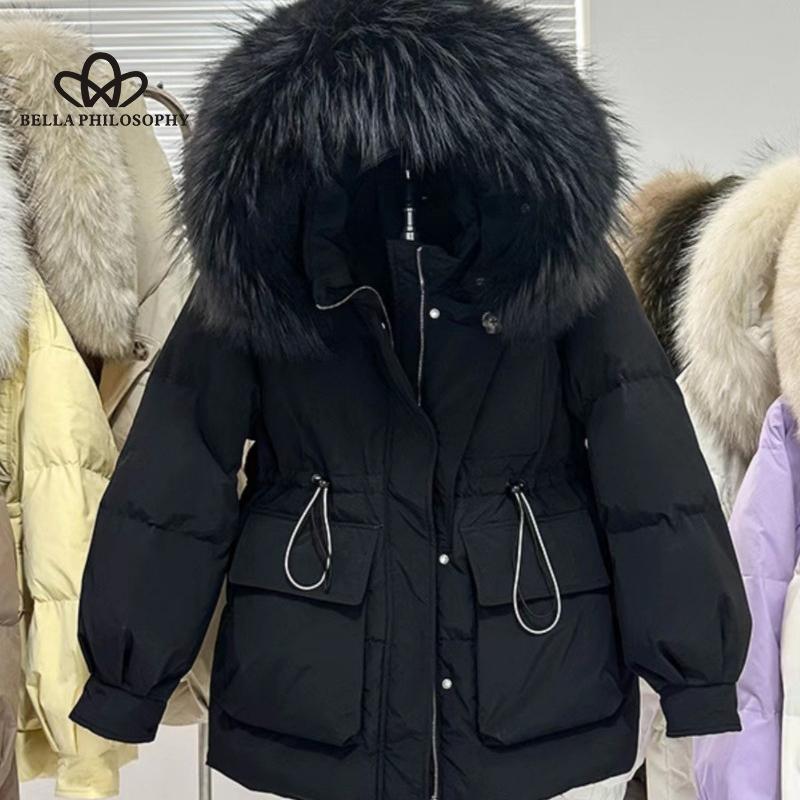 

Осень-зима, новый пуховик, обтягивающая талия на шнурке, облегающая теплая куртка-паркер средней длины с большим меховым воротником и капюшоном S чёрный