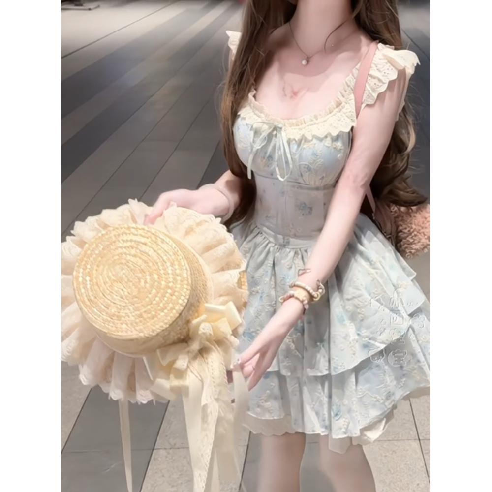 

Французское милое платье с цветочной вышивкой, женское летнее новое, с квадратным вырезом, зауженное в талии, платье феи-принцессы XL- (recommended 110-60kg) синий