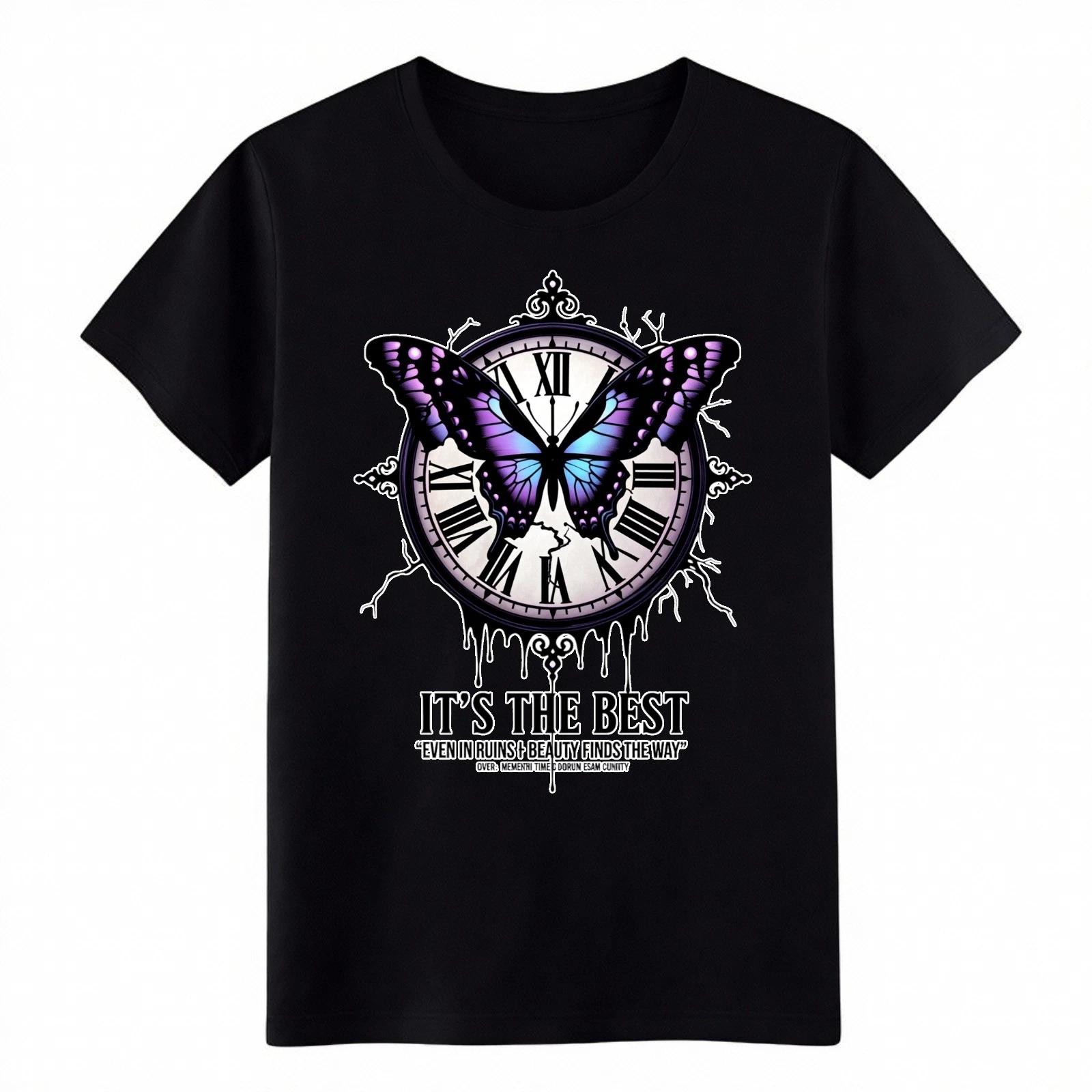 

Vintage Clock Butterfly Graphic T-Shirt, Inspirational Quote Gothic Casual Tee 2XL