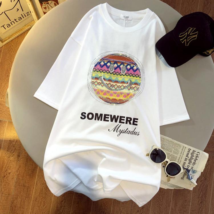 

New Summer Heavy-duty Pure Cotton Smiley Short-sleeved T-shirt for Women s Mid-length Butt Versatile Top 3XL белый