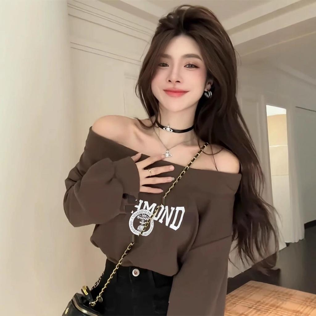 Early Fall Atmosphere Outfits One-shoulder Sweatshirt for Women Loose Short Design Niche Top for Women