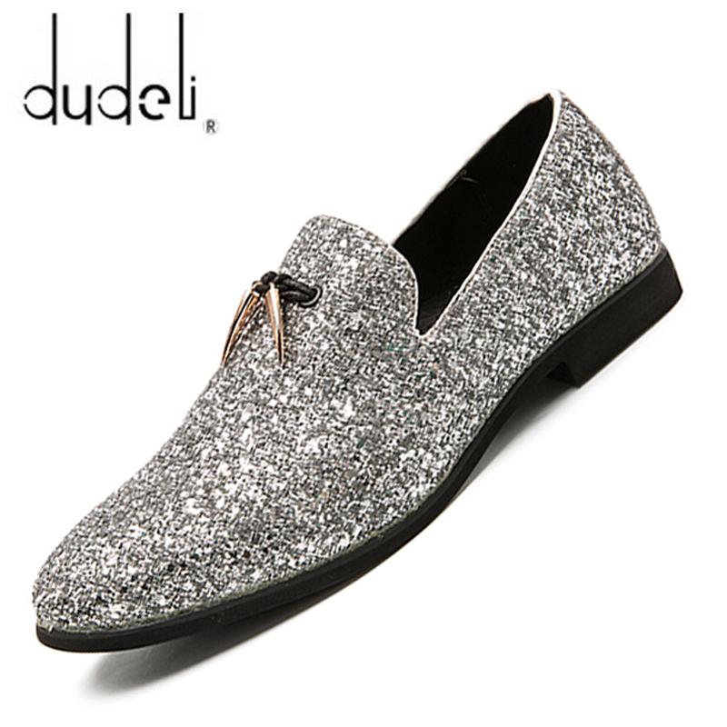 Fashion 37~48 Plus Size White Italian Glitter Loafers Mens Sequin Shoes Men Pointed Toe Dress Weddings Shoes Classic Loafer Formal Shoe