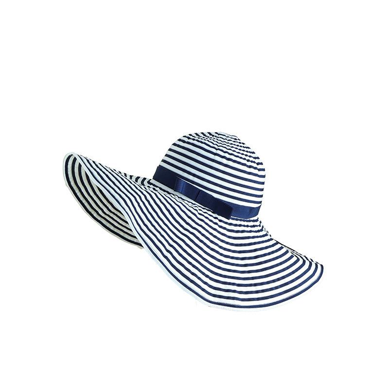 Ladies Summer Sun Hat Foldable Striped Vintage Large Brim Elegant Sunscreen Sun Hat Seaside Beach