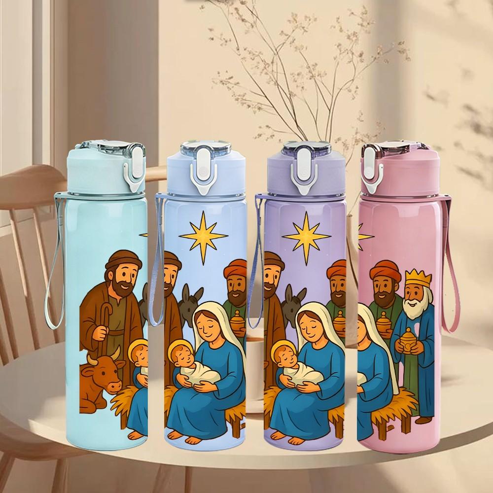 1PC Nativity Scene Holy Family Print 750ml Color Plastic Sports Water Bottle Leakproof Flip Straw Lid Suitable for Sports Office Home Use