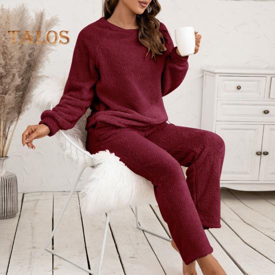 2 Pcs/Set Pajama Set Autumn Winter Casual Outfit Top Pants Set Round Neck Long Sleeve Top Elastic Waist Sport Tracksuit Daily Clothes Sleepwear
