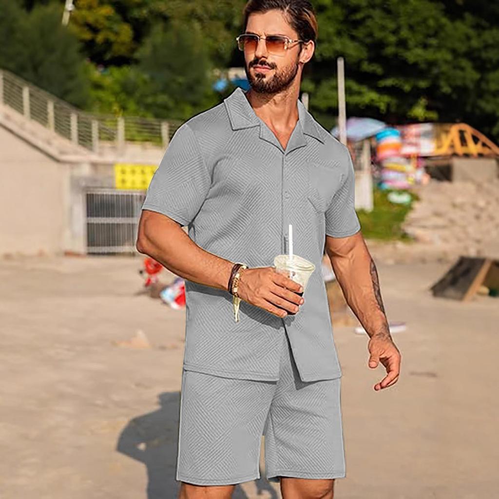 Men's Summer Casual Texture Beach Short-sleeved Knitted Sweater Buckle and Shorts Set