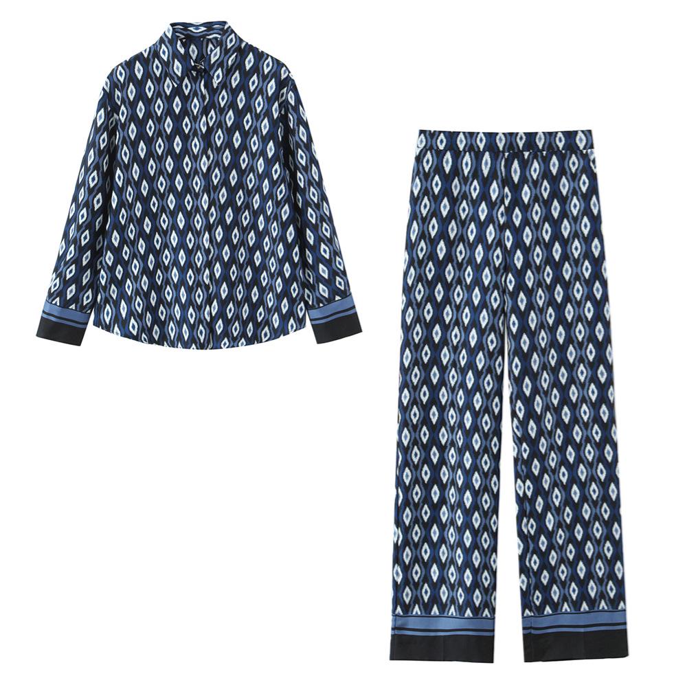 

2025 Spring Women s Geometric Print Shirt and Straight-Leg Pants Set XS