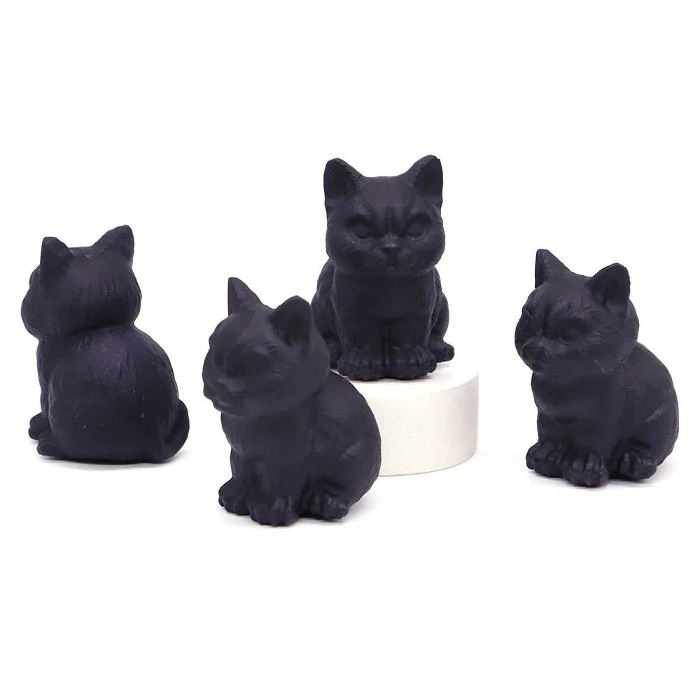 2" Söt Katt Naturlig Matt Svart Obsidian Reiki Healing Kristallsten Snideri Hemdekoration Ädelsten Djurstaty Hantverk Gåva