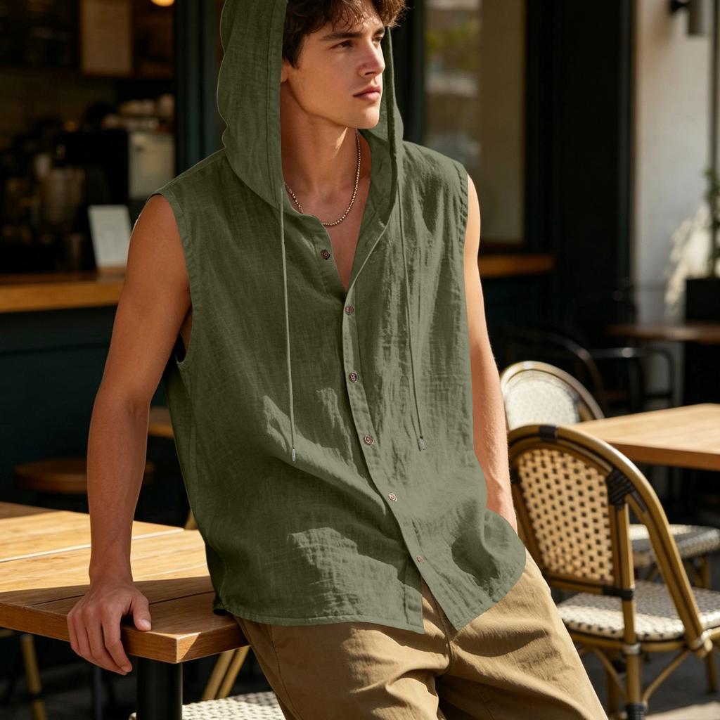 Mens Sleeveless Linen Hooded Shirt Button Down Breathable Relaxed Fit Casual Vest Top Lightweight Summer Apparel