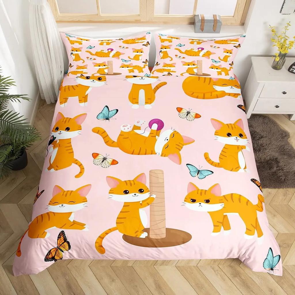 Cartoon Cat Duvet Cover Set Cartoon Animal Print Bedding Set With Pillowcase 2/3Pcs Comforter Cover For Bedroom Decor