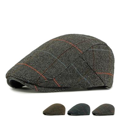 Autumn Winter Men's Hat Middle-Aged Wool Forward Cap British Vintage Beret Plaid Peaked Cap