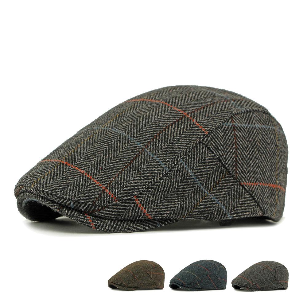 Autumn Winter Men's Hat Middle-Aged Wool Forward Cap British Vintage Beret Plaid Peaked Cap