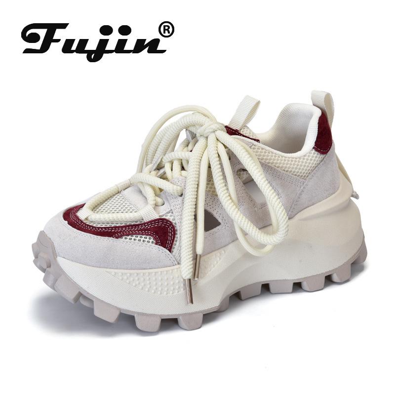 

Fujin 5,5 см, модные модные сандалии разных цветов, женская дышащая обувь, 2024, массивные кроссовки из сетчатой ​​кожи из свиной кожи, летние полые ботинки 35 бежевый