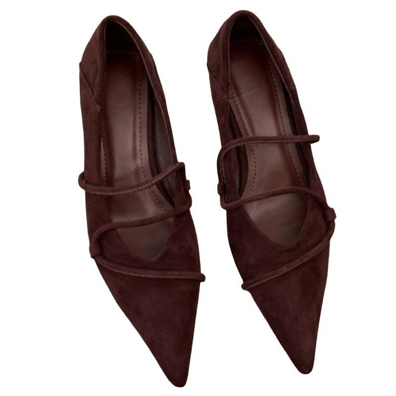 French Suede Pointed Cat Heel Light Mouth Single Shoes Women's Black Commuter Work Shoes Four Seasons Low Heel Mary Jane Shoes