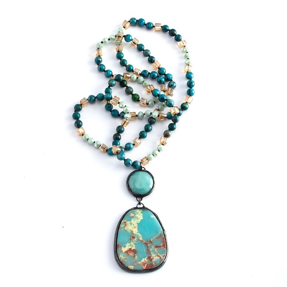

[Bohemian Necklace] Natural Stone & Glass Bead Necklace | Bohemian Vintage Turquoise Floral Rectangular Pendant with Golden-Tone Accent Jewelry for Wo цвет морской волны