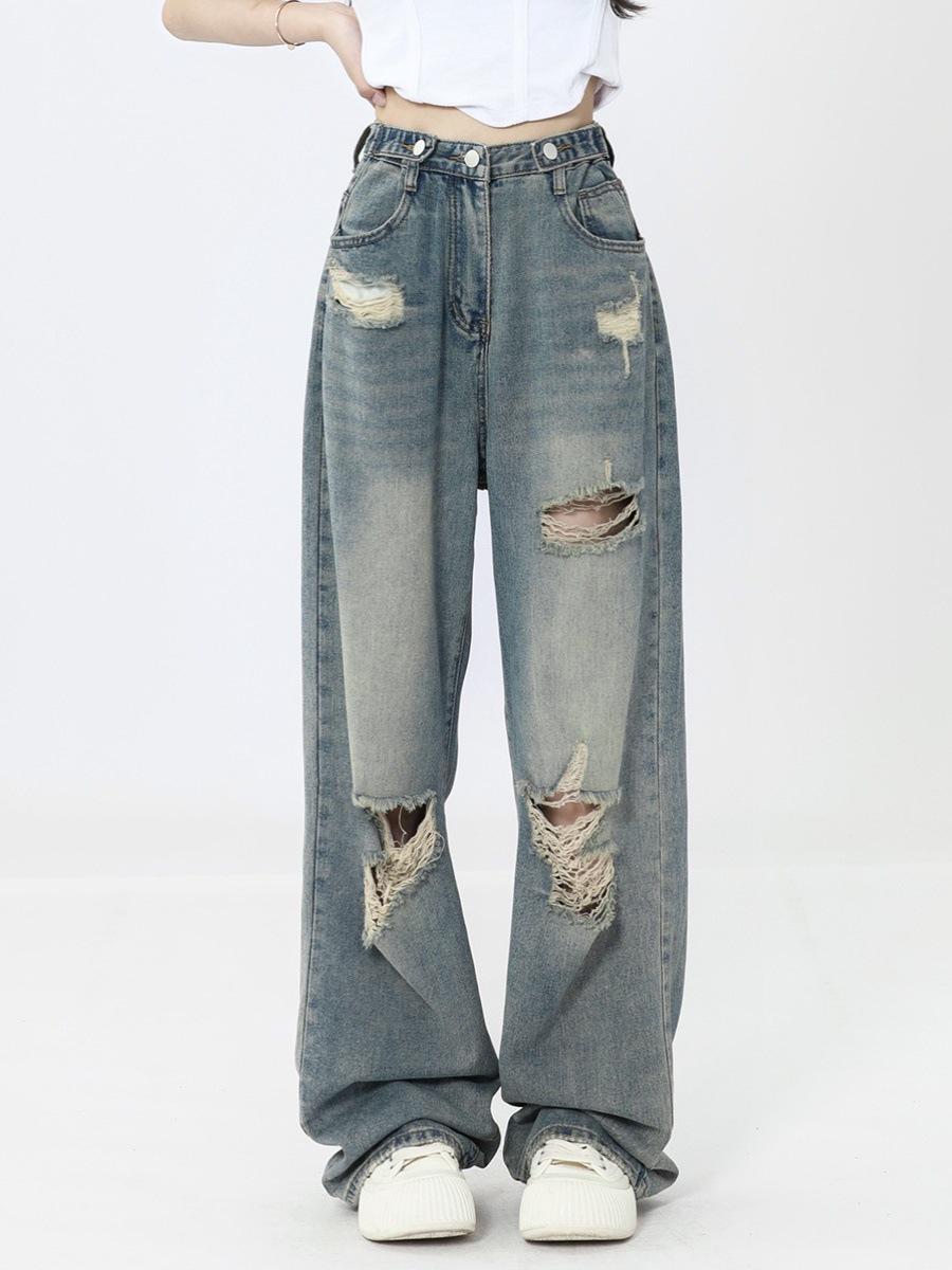

Spring 2024 Retro Wide-Leg Ripped Jeans for Plus Size Women - Loose, Slimming, Straight Floor-Length Pants. Extra Large синий