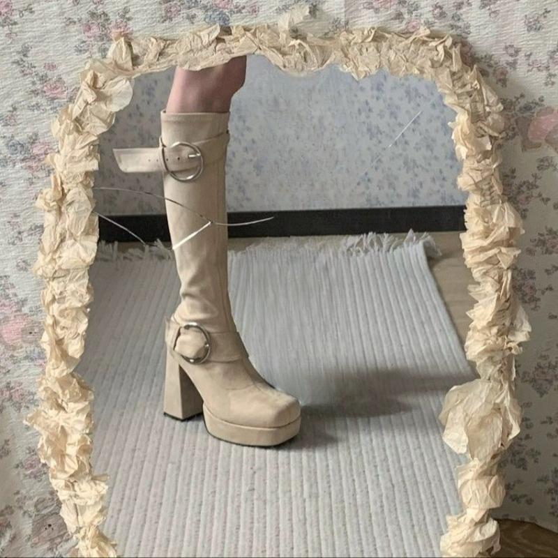 

Long-leg Boots Autumn Winter New Square Toe Cow Suede Side Zip Metal Buckle Platform Block Heel Shoes 35 хаки