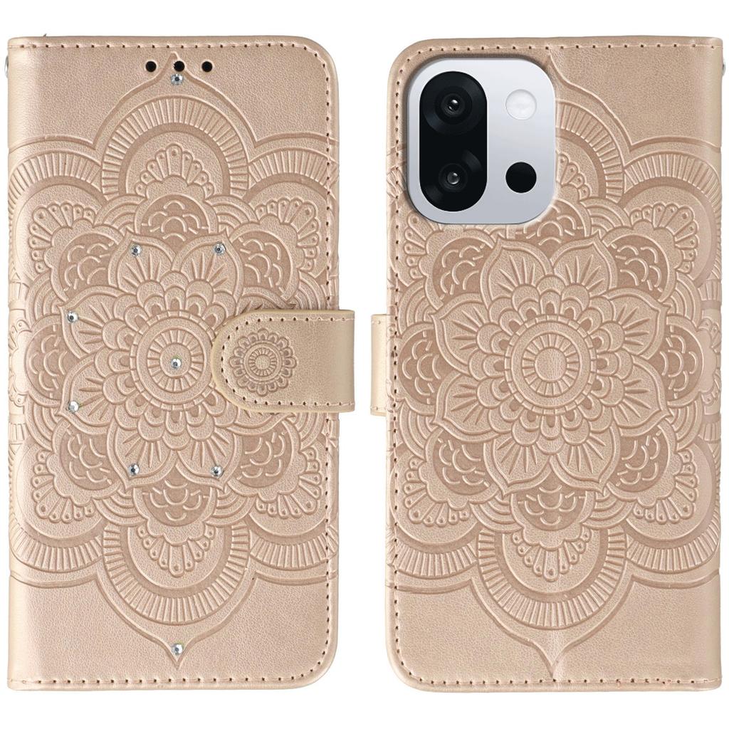 For OnePlus 13T 5G Case Rhinestone Decor PU Leather Mandala Imprinted Design Phone Cover with Wrist Strap