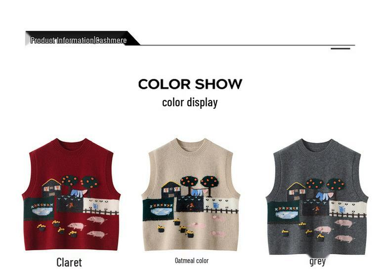 Spring & Autumn Hand-Knitted Sleeveless Cashmere Jacquard Vest - Retro Round Neck, Loose Fit