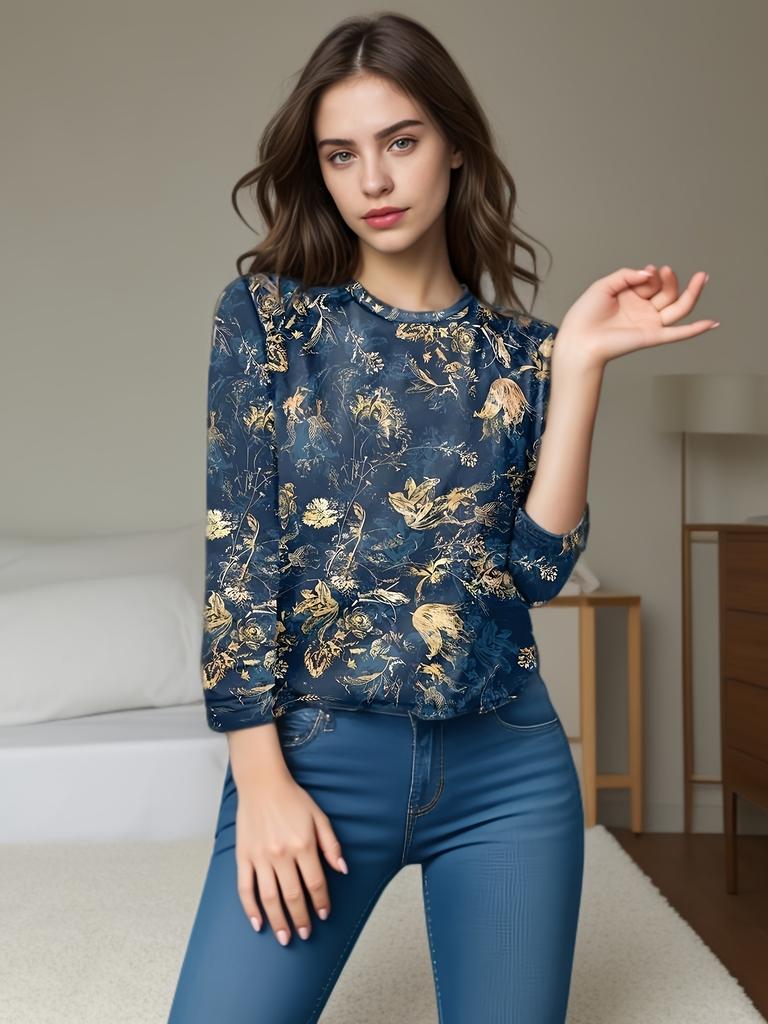 Women's Retro Floral Print T-Shirt, Casual Round-Neck Long Sleeve Top, Color-Block Design, Regular Length, Suitable for Spring and Autumn Seasons