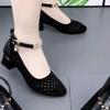 Soft Leather Mesh Shoes Hollow New Black Sandals Middle Heel Soft Sole Thick Heel Single Shoes