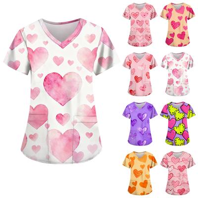 Moda Feminina Tops Estampados de Manga Curta com Decote em V e Bolso Camisetas de Trabalho
