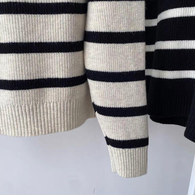 Retro Lapel Half Zipper Contrasting Striped Sweater Women Autumn Lazy Style Pullover Inner Knitted Base Shirt