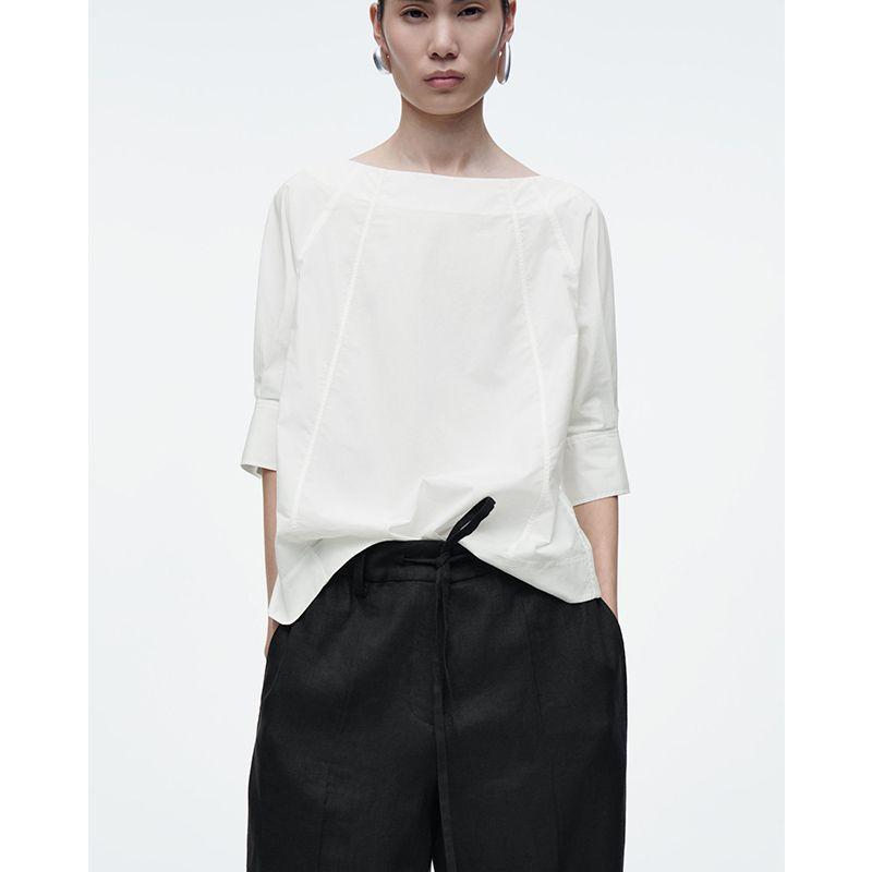 CS Summer New Product Women's Clothes Idle Style Curved Hem Standard Version Boat Collar Cotton Shirt 1274060