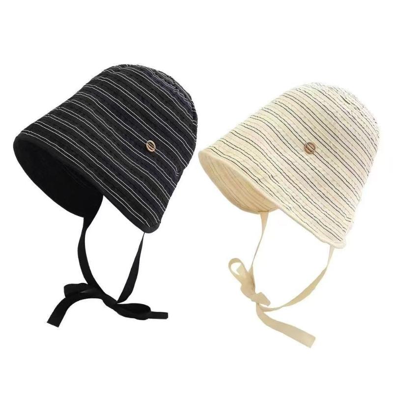 Ribbon Women Striped Fisherman Hat Wide Brim Foldable Summer Sun Hat Sun Protection Solid Color Sunshade Hat