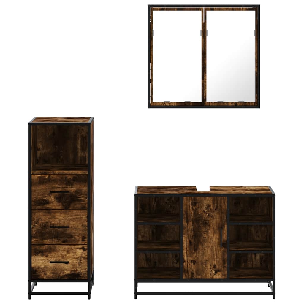 3 Piece Bathroom Furniture Set Smoked Oak Wood Based Material