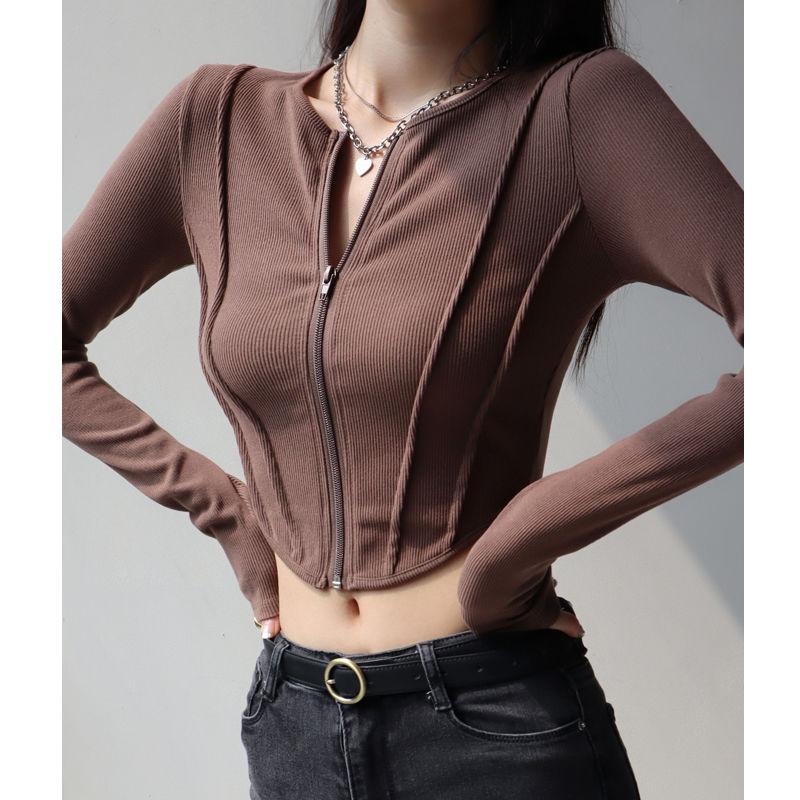 Sexy Zipper Elegant T-shirts For Women High Waist Tees Workout Cycling Sports Tops Girls Casual T-shirts