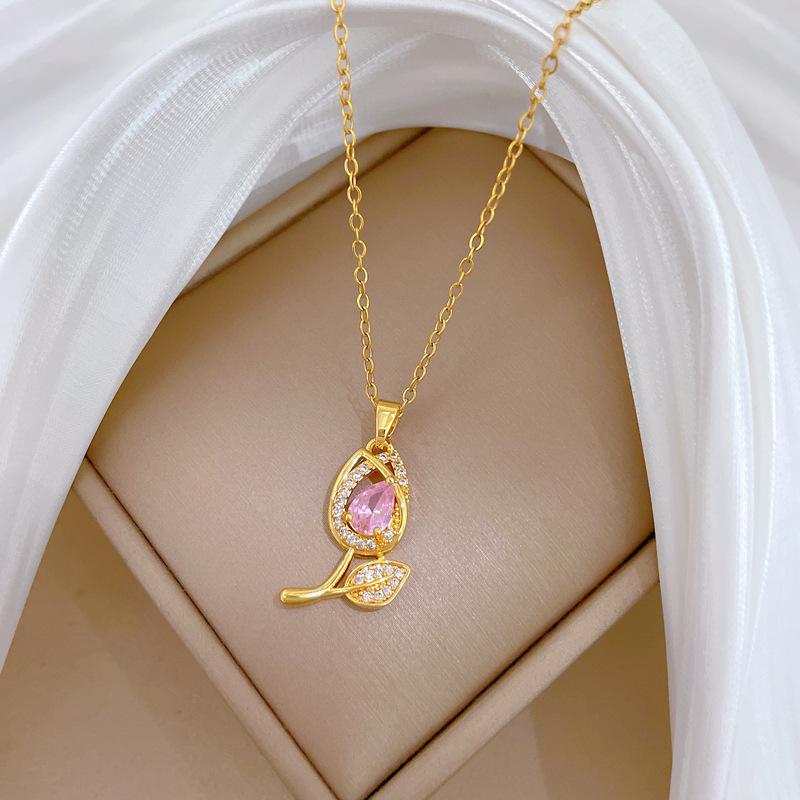 Sweet Pink Zircon Tulip Flower Pendant Necklaces for Women Stainless Steel Chain Cute Flower Jewelry Accessories Gifts for Lover