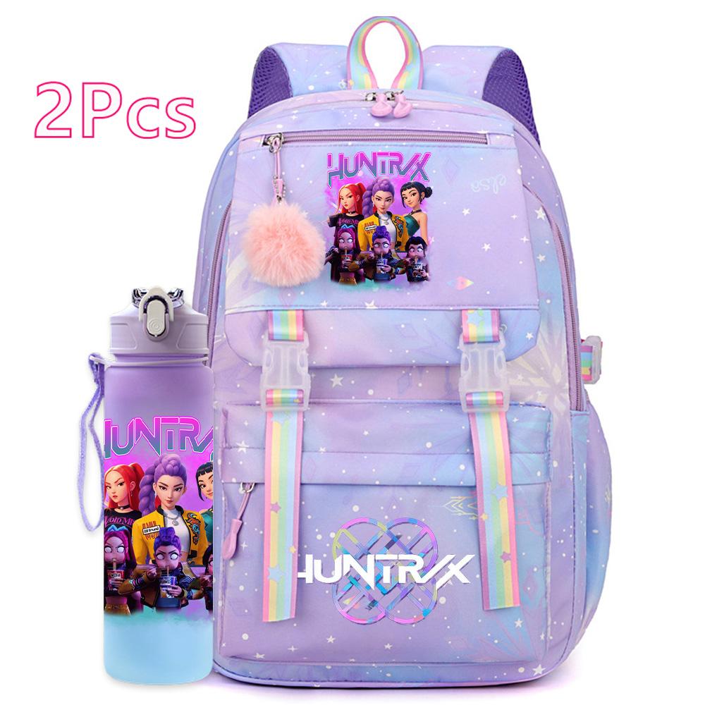 2Pcs/set Cute K-Pop Demon Hunters Printed Backpack with 750Ml Water Bottler for Teenager Student Girl Boy Large Capacity Waterproof Bookbag Travel Bag