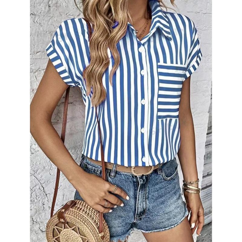 

JKASHDK Женские модные повседневные летние весенние полосатые рубашки с короткими рукавами и воротником-поло с принтом, блузки и рубашки XXL