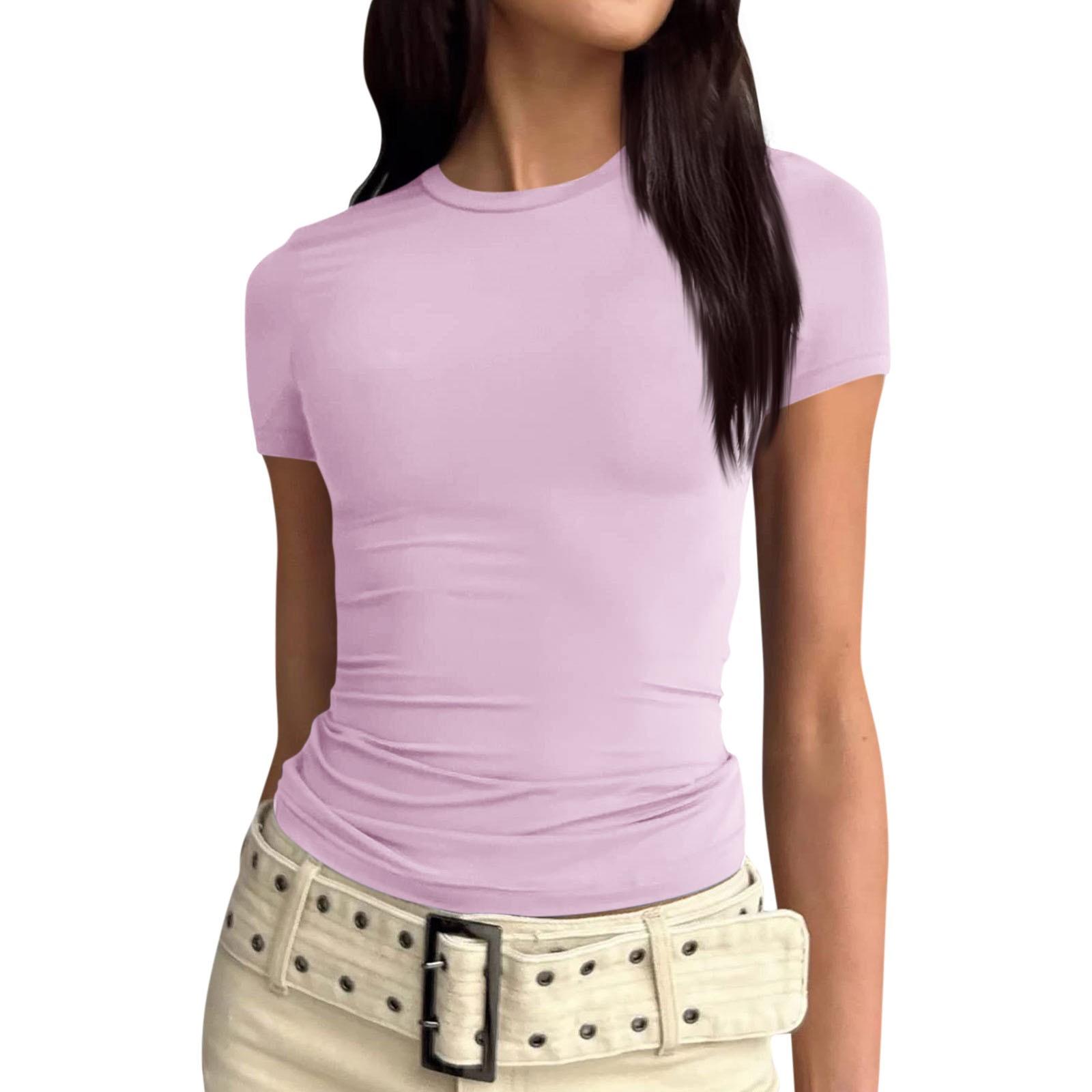 

Женская однотонная сексуальная симпатичная футболка с коротким рукавом, облегающая облегающая футболка с укороченным топом L светло-фиолетовый