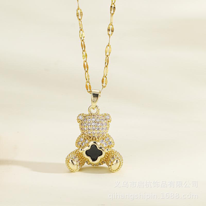 Full Diamond Bear Necklace Female Versatile Temperament Slightly Inlaid Zircon Cute Pendant Clavicle Chain Jewelry