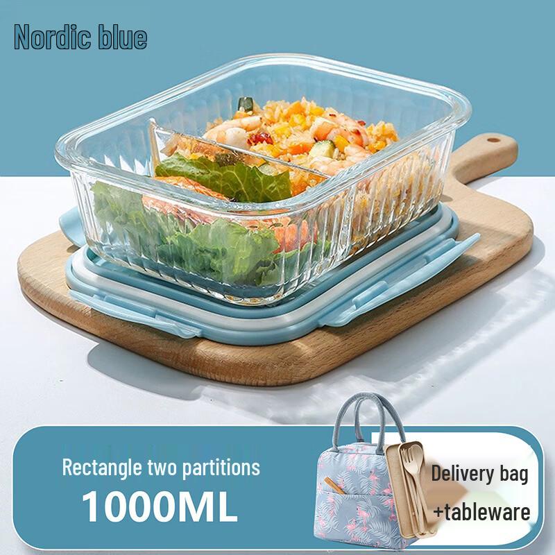 1000ml Borosilicate Glass Divided Lunch Box with Cutlery Set